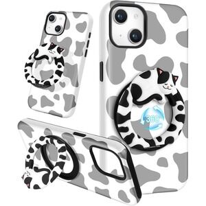 Likiyami iPhone 15 Plus Case 6.7" Kawaii Cat Ring 360° Stand, Cow Print Cute Cov